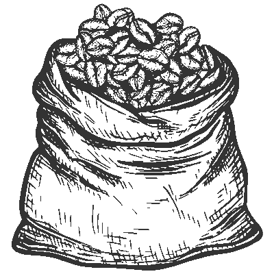 Sketch drawing of an open bag of coffee beans in black color.