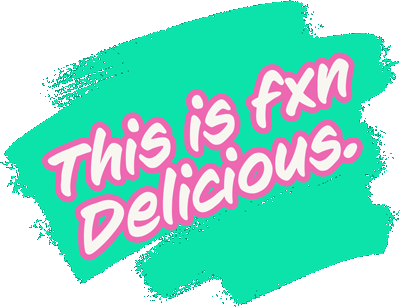 Graphic of pink outlined text that says "This is fxn delicious." with bright sea foam green background.