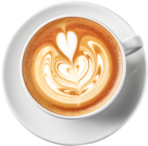 White cup of creamy latte with heart-shaped design on a transparent background.