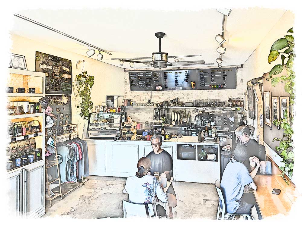 Color sketch drawing of the Haiku location Wailuku Coffee Co. café on Maui with people enjoying coffee and food.