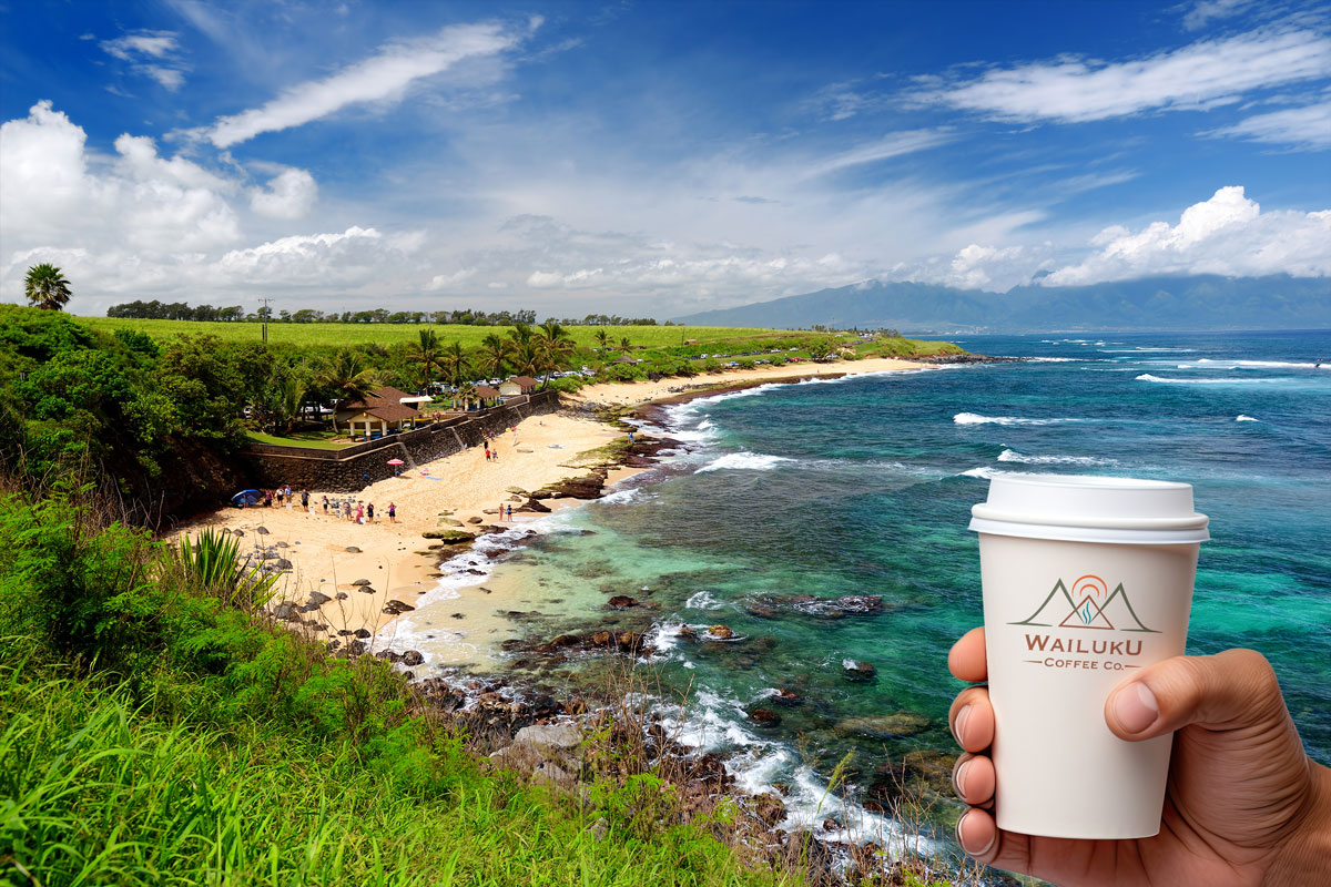 A hand holding a coffee cup overlooking a Maui beach.