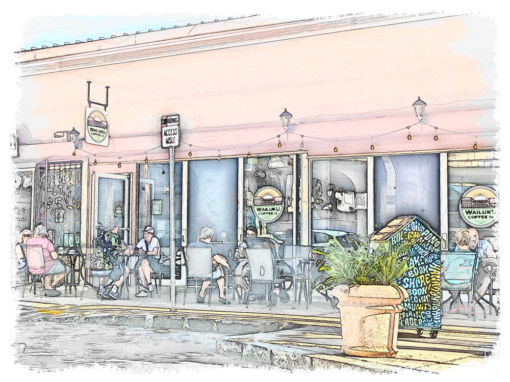 A sketch of Wailuku Coffee Co. café in Wailuku, Maui, with people sitting outside.
