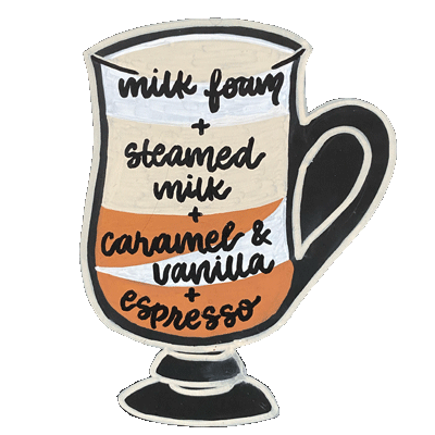 A sketch drawing of carmilla shows milk foam plus steamed milk plus caramel & vanilla plus espresso.
