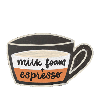 A sketch drawing of Espresso Macchiato shows milk foam plus espresso.