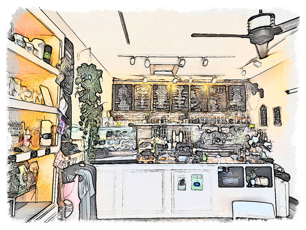 A drawing that captures the warm and inviting atmosphere of the Haiku coffee shop, where people gather to enjoy their favorite brews and build community.