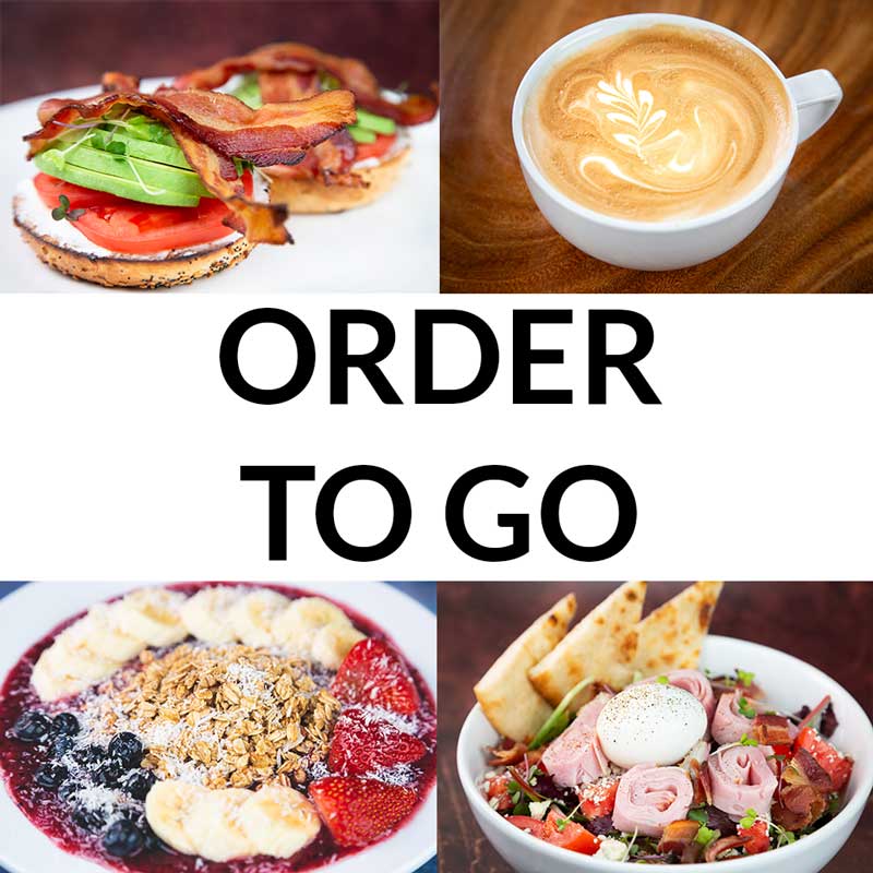 A collage of food in a café, with the words "order to go" featured prominently.