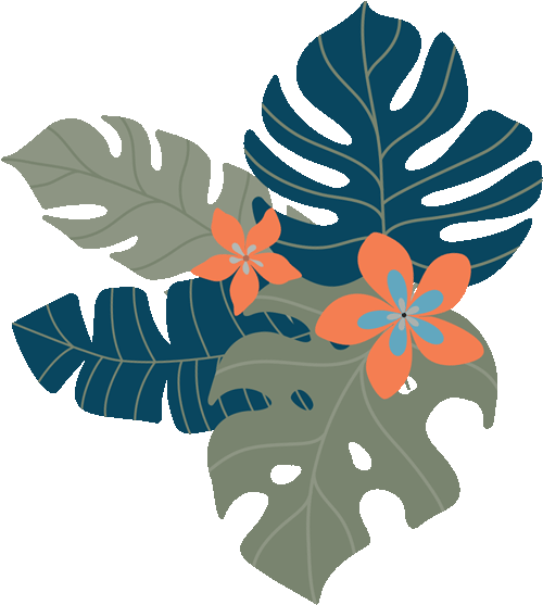 Tropical leaves and flowers drawing with brand colors.