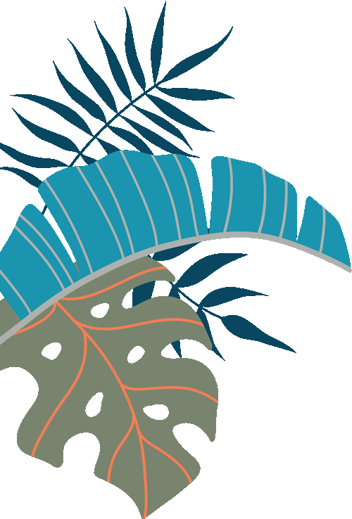 Tropical leaves drawing in blue, green, and dark blue brand colors.