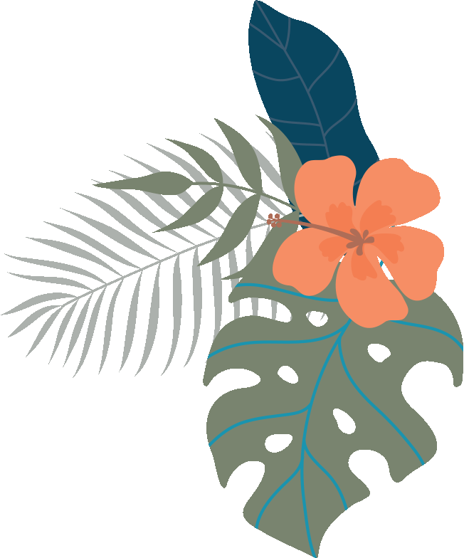 Tropical leaves and flower drawings in blue, green, dark blue, and orange brand colors.