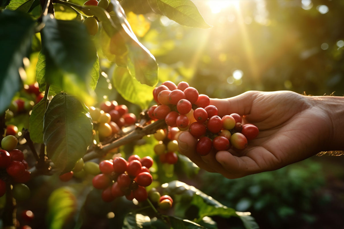 A hand picking red coffee berries from a tree in Hawaii with sunshine background.