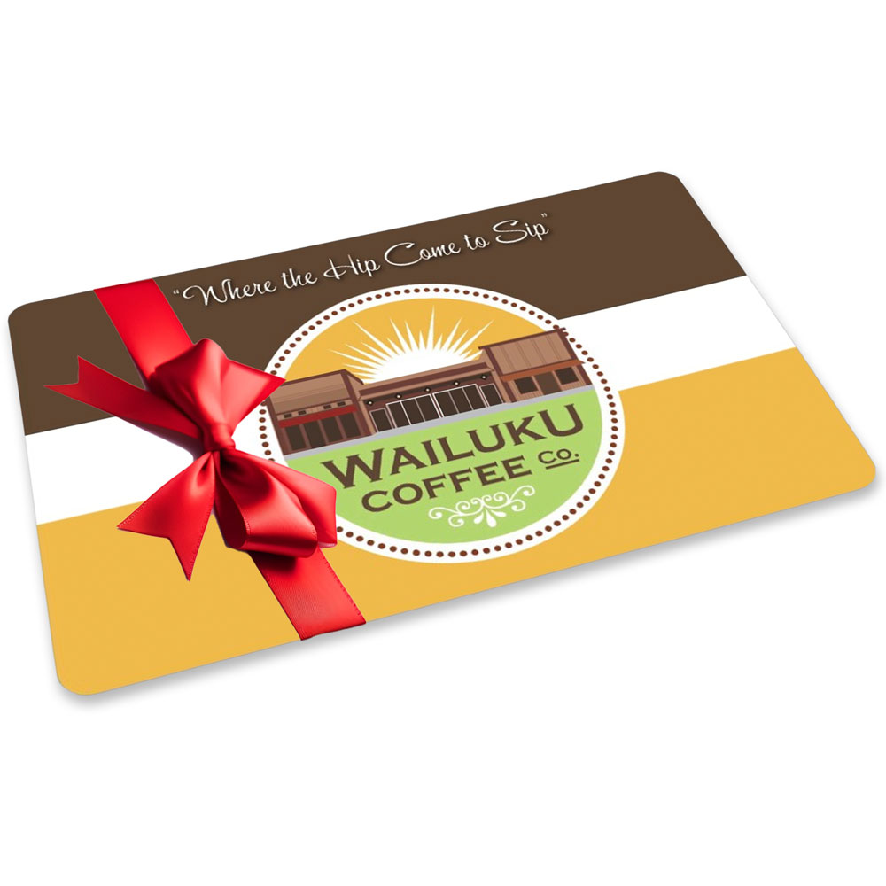 Wailuku Coffee Co. cafe gift card graphic with a red bow on it to use for in-store purchases at Maui cafés.