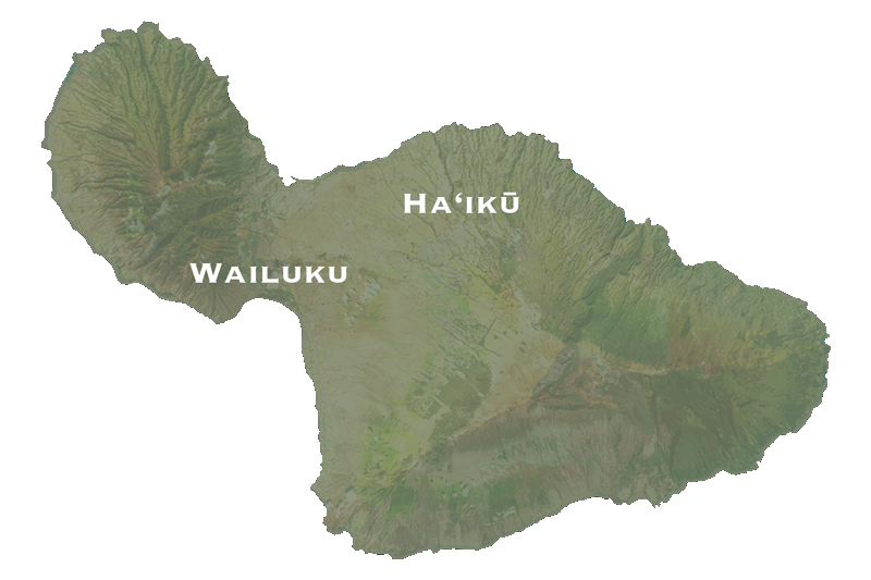 Map drawing of the island of Maui in green with terrain that shows towns Haiku and Wailuku in white text.