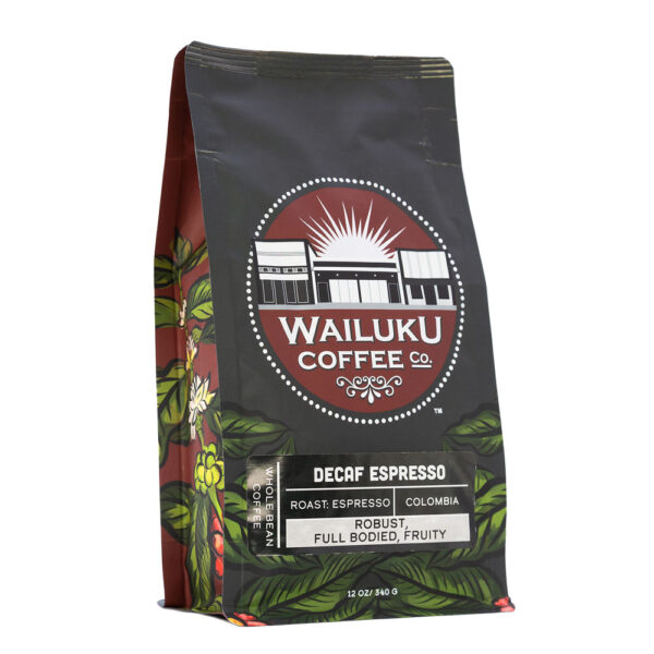 A bag of Decaf Espresso coffee from Maui on a white background.