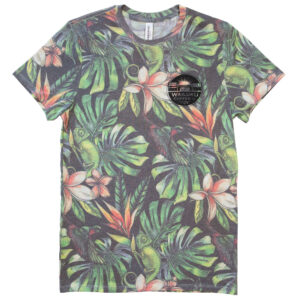 A floral t-shirt with a tropical print and black "Wailuku Coffee Co." logo.