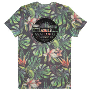 The back view of floral t-shirt featuring palms and colorful flowers with a large black "Wailuku Coffee Co." logo in the center.