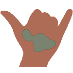 Drawing of a shaka hand with a green Maui island shape on top.
